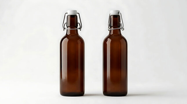 Two empty brown glass beer bottles with swing top caps standing side by side.