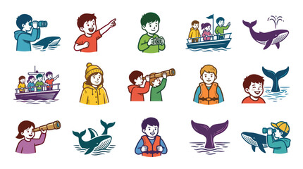 Obraz premium Flat Vector Whale Watching and Marine Tourism Illustrations for Kids, Ocean Exploration, and Nature Education