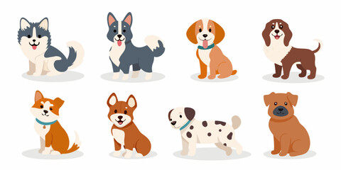 various dog breeds in cute flat vector style on white background dogs puppies canines husky beagle dalmatian © Ripan