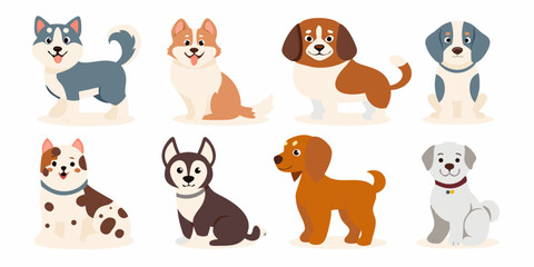 various dog breeds in cute flat vector style on white background dogs puppies canines husky beagle dalmatian © Ripan