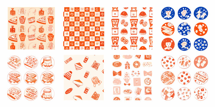 fast food icons set in retro vector style diner branding hamburger pizza donut ice cream soda pattern