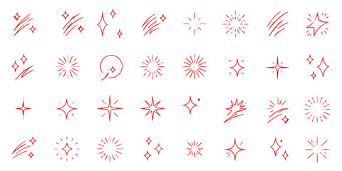 Fototapeta premium Minimalist decorative design shine sparkle and starburst line icon set with thin black editable stroke, bling stars sparkles signs
