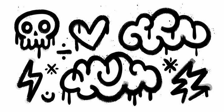 edgy black and white graffiti doodle set featuring skulls hearts clouds lightning artwork illustration vector icon symbol