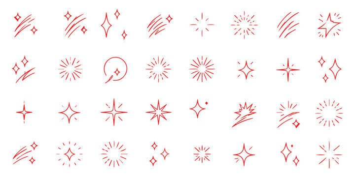 Minimalist decorative design shine sparkle and starburst line icon set with thin black editable stroke, bling stars sparkles signs