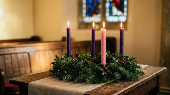 Traditional purple and pink candles arranged on an evergreen advent wreath on a church table