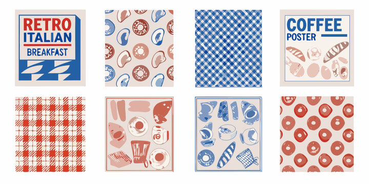 retro italian breakfast and coffee poster collection vector illustration donut croissant pattern plaid blue red white background