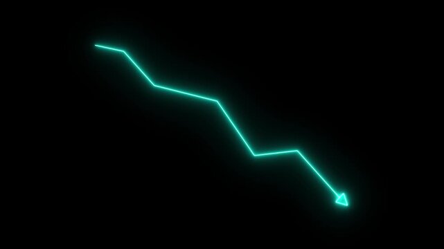 Declining Trend arrow with Cyan Neon Glow on Dark Black Background Featuring Minimal Zigzag Financial Chart for Market Performance Visualization