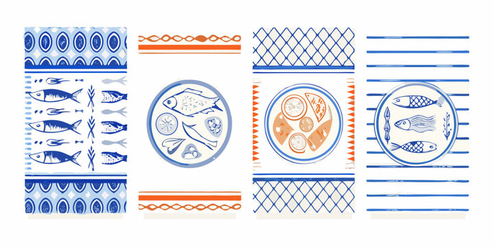 sardine and seafood illustration set retro style blue and orange fish plate pattern stripes diamonds waves food