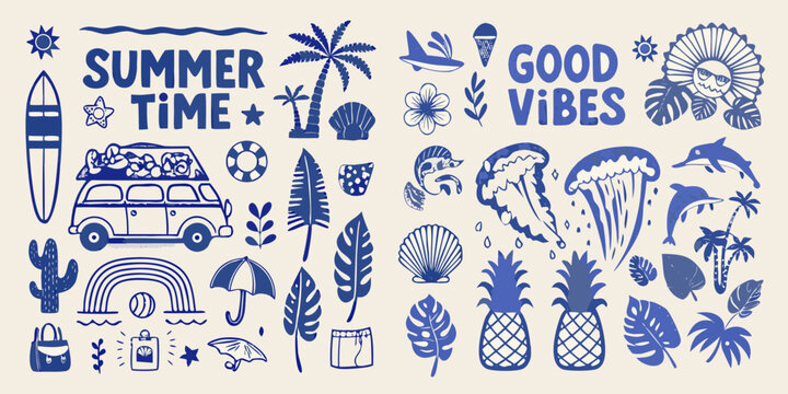 summer time and good vibes retro beach illustration set in blue surfboard palm tree shell jellyfish dolphin