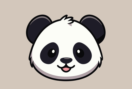 Adorable cartoon panda face with big eyes and a sweet smile looks directly forward from a simple neutral grey background.