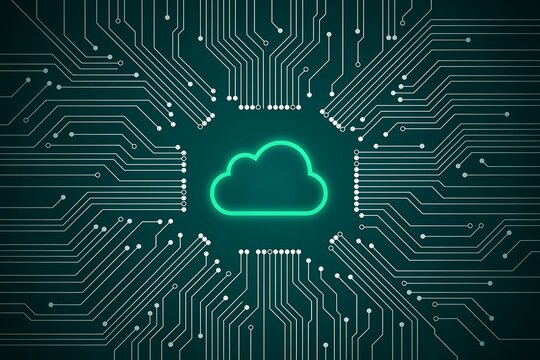 Glowing neon cloud centered on a dark teal circuit board pattern background computing