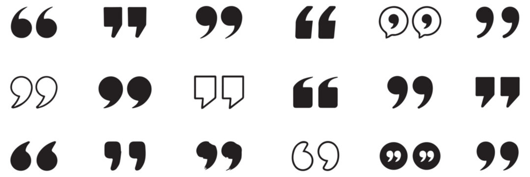 Quotation marks icon set with opening and closing quotes, punctuation symbols for typography and text design flat vector illustration