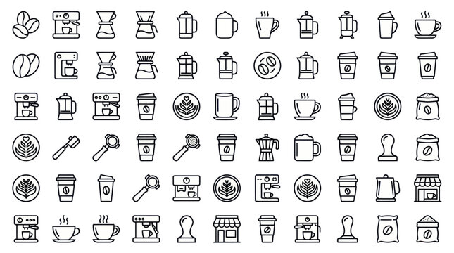 Coffee shop and cafe barista equipment icon collection.