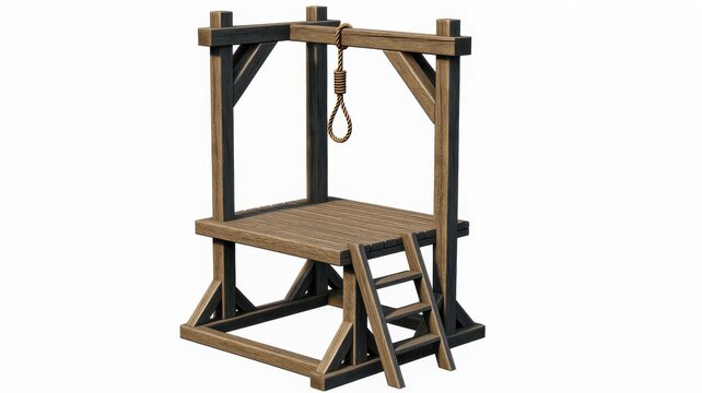 Wooden medieval gallows with hanging rope noose isolated on white background