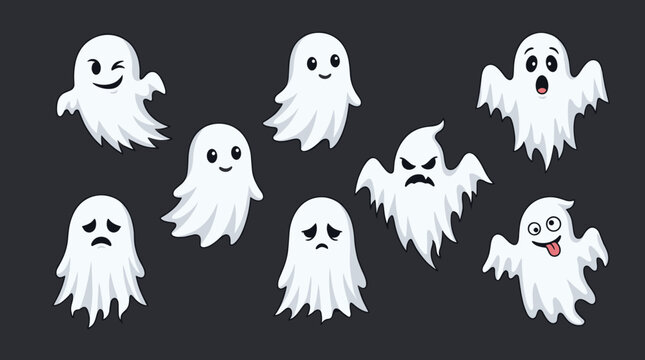 Cartoon ghost characters with various cute facial expressions.