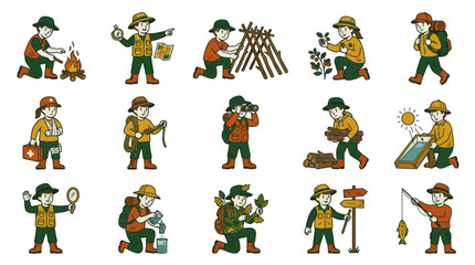 Obraz premium Cartoon Vector Icons: Outdoor Adventure, Camping Survival Skills. Scout Camper Activities Collection.