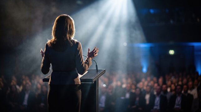 Rear view of a female speaker giving a speech at a podium on stage to an audience