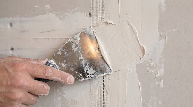 Hand holding putty knife applying filler compound over drywall seams during home renovation with construction renovation finishing