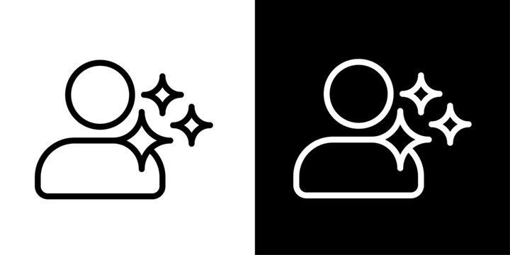 AI user enhancement icon featuring person with sparkles representing artificial intelligence personalization, smart assistance, enhanced user experience, and digital innovation.