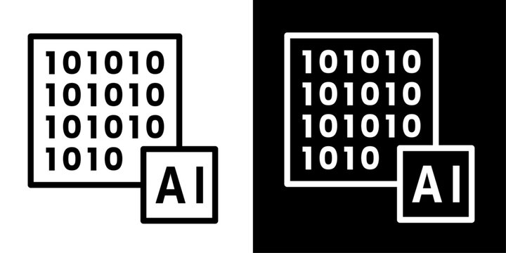 AI binary data icon featuring binary code document with AI representing artificial intelligence, data processing, machine learning, and digital analytics.