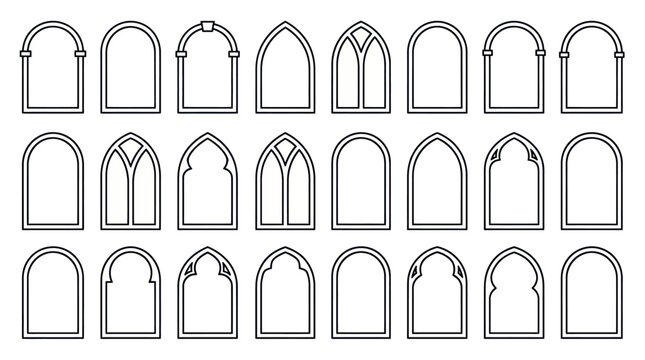 Collection of architectural arch and window outlines.