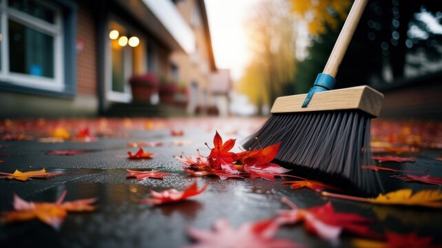 Broom sweeping vibrant red autumn leaves on a wet pavement with warm daylight