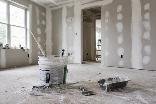 Room under renovation with spackling tools on the floor.