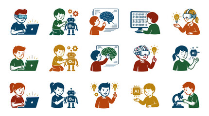 Fototapeta premium Children learning STEM, AI, coding, robotics, science with laptops and microscopes