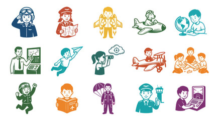 Fototapeta premium Set of Aviation and Travel Icons: Pilots, Airplanes, Globes, and Technology in Flat Design
