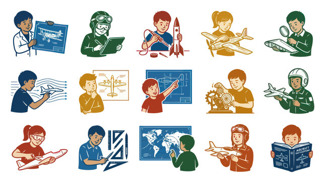 Children learning aviation engineering, building planes, space, research icons