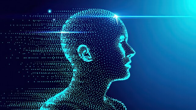 Abstract digital human head made of blue glowing particles against a dark blue background, representing artificial intelligence or big data