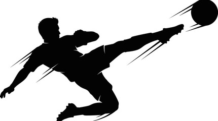Fototapeta premium Silhouette of a soccer player performing a powerful bicycle kick on a ball.