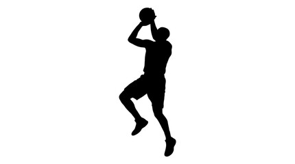 Obraz premium Silhouette of a basketball player jumping to shoot the ball isolated on white background.