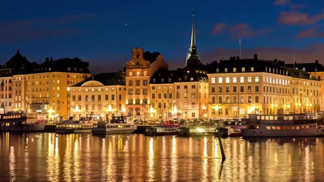 Stockholm Sweden Gamla Stan Waterfront Illuminated at Night