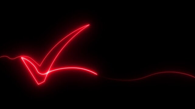 Neon Red check mark forming on black background abstract glowing line animation success confirmation approval verification concept video.