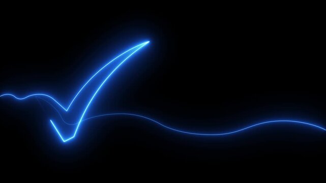 Neon blue check mark forming on black background abstract glowing line animation success confirmation approval verification concept video.