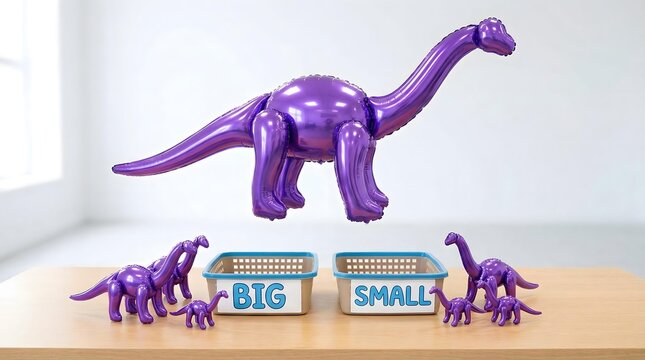 Dinosaurs & Prehistoric adventure featuring realistic Educational Concept of Size Comparison with Purple Balloon Dinosaurs in Classroom Setting for Interactive Learning