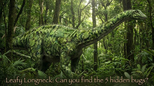 Dinosaurs & Prehistoric adventure featuring realistic Camouflaged Dinosaur in Lush Jungle with Hidden Insects, Nature's Secret Puzzle in Greenery