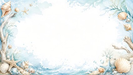 Obraz premium Watercolor beach frame with seashells, starfish, and driftwood on a soft blue ocean background