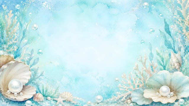 Watercolor underwater background with seashells, pearls, and coral reef elements