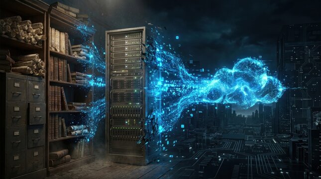 Digital Transformation: A vintage library meets modern server rack with digital data streams flowing towards a cloud computing symbol, representing the shift from old to new technology.