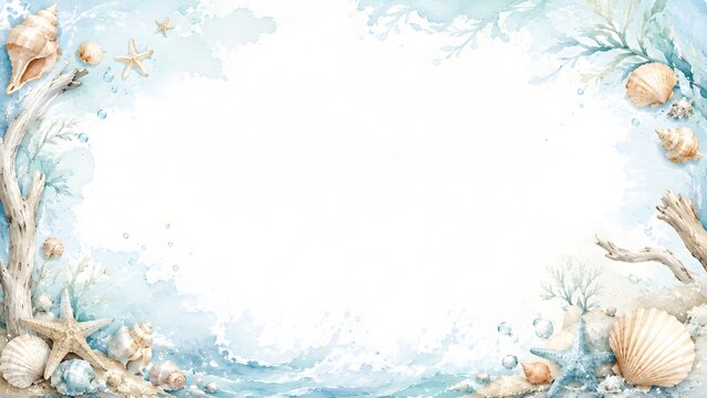 Watercolor beach frame with seashells, starfish, and driftwood on a soft blue ocean background