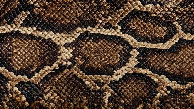 Closeup of a snake skin texture with intricate brown and cream geometric scale patterns
