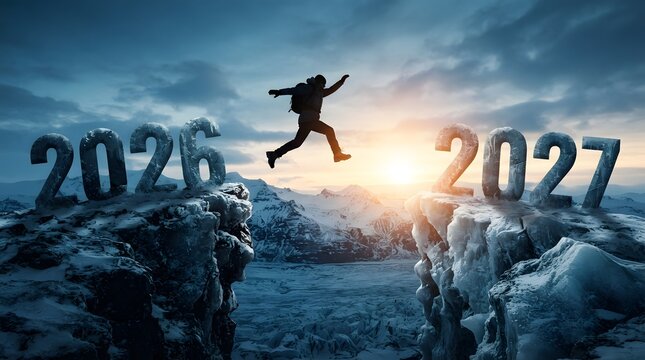 Person jumping across snow covered cliff edge from 2026 to 2027 during winter sunrise with mountain