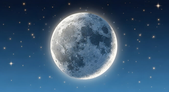Detailed Full Moon Shining Brightly Against A Dark Midnight Blue Starry Sky Background