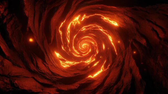 Fiery orange flames twist into a deep spiraling vortex against a black background creating an intense tunnel of swirling energy and light particles