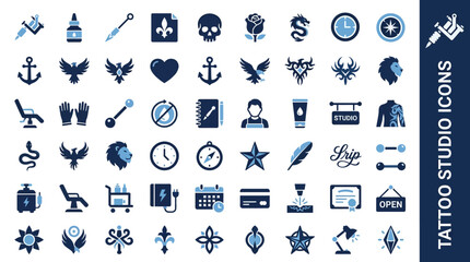 Fototapeta premium A collection of various tattoo studio icons featuring symbols and objects like anchors, hearts, stars, and other designs on display for art and inspiration purposes in a studio setting.