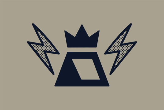 Minimalist logo design featuring a crown atop a trapezoid shape flanked by two stylized lightning bolts on a muted background.