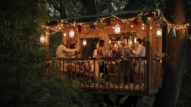 Friends enjoying a cozy evening in a beautifully lit treehouse.