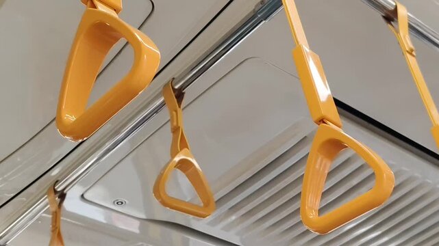 Interior view of a modern train carriage showing a row of yellow triangular hand grips hanging from a metal handrail on the ceiling, designed for standing commuters.